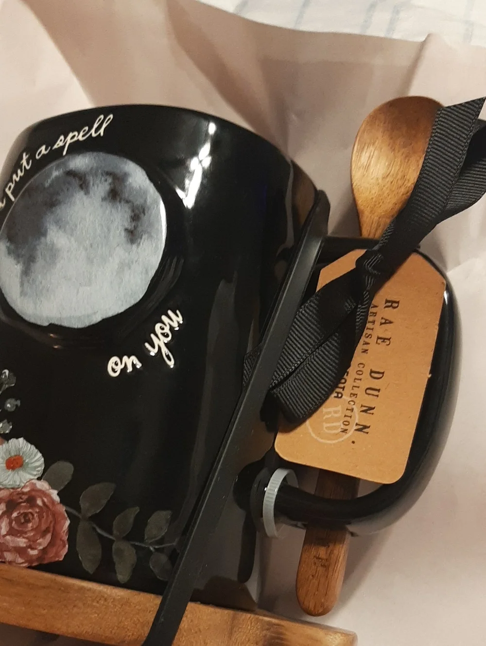 Rae Dunn I Put A Spell On You Mug With Stir Spoon & Wooden Coaster, NWT, 3D